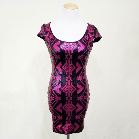 Dress the Population sequin mini dress hot pink black size XS - Picture 1 of 6